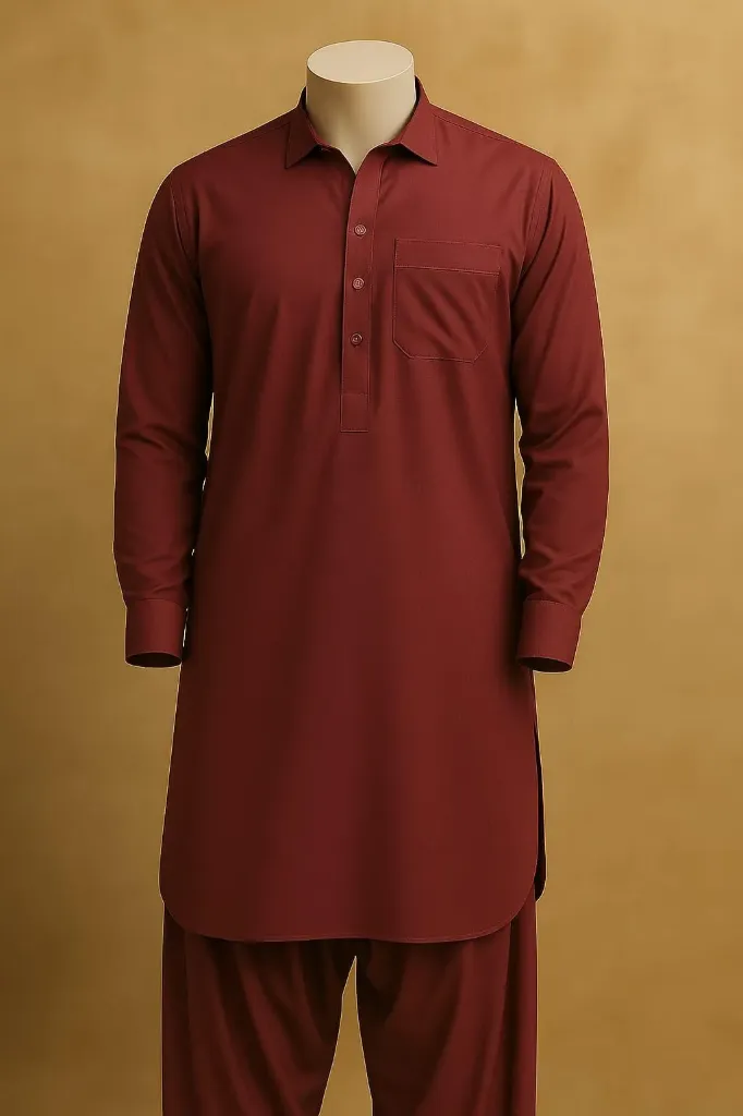 Maroon Shalwar Kameez Ready Made | Wash & Wear Boski – Premium Fit